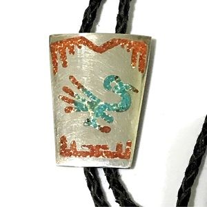 Vintage Sterling Navajo Bennett Road Runner Bolo Tie Turquoise & Red Coral Chip